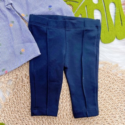Conj. Batinha Listrada com Florzinha e Calça Legging - Azul Marinho